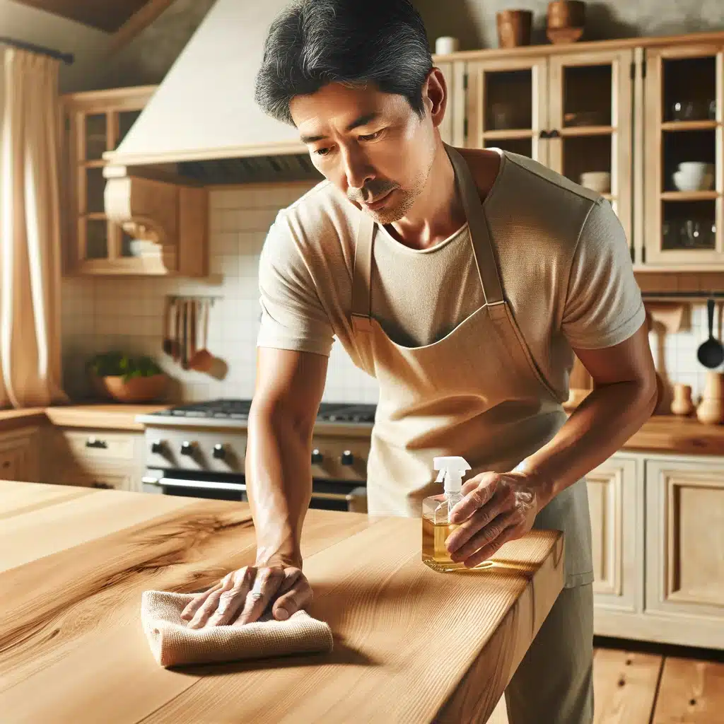 Person polishing wooden island with essential oils in sunny kitchen.