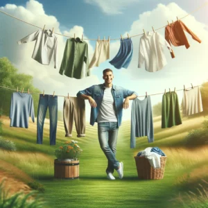 Friendly person drying laundry on a sunny backyard clothesline. Dry cleaning