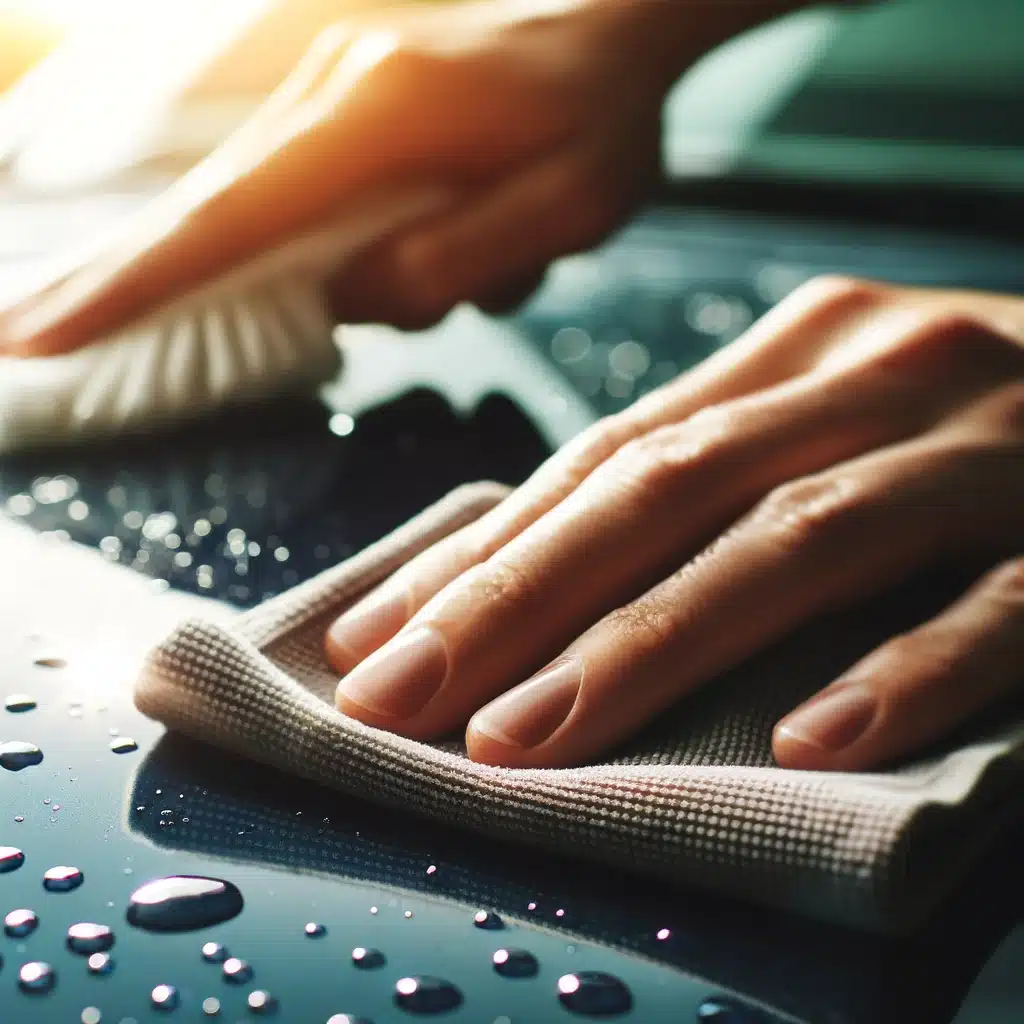 Hand cleaning shiny surface with microfiber cloth and water droplets.