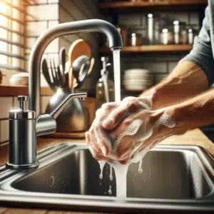 Person washing hands with soap in a modern kitchen sink.