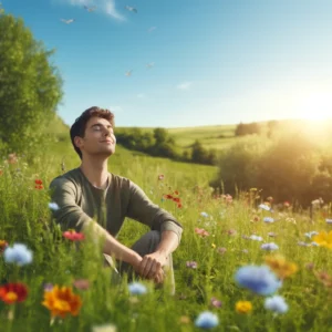 Person enjoys sunny day amid wildflowers on green hillside. Weight Loss