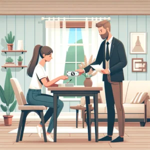 Homeowner paying cash to person at table during home transaction.