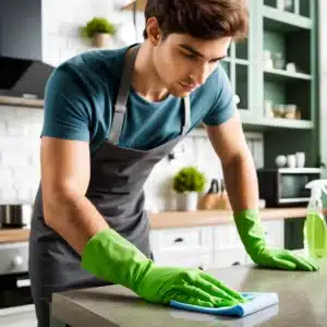 Professional house cleaner in uniform and green gloves sanitizes kitchen countertop.