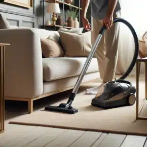 Person vacuuming under couch in a clean home interior. Supplies for Cleaning