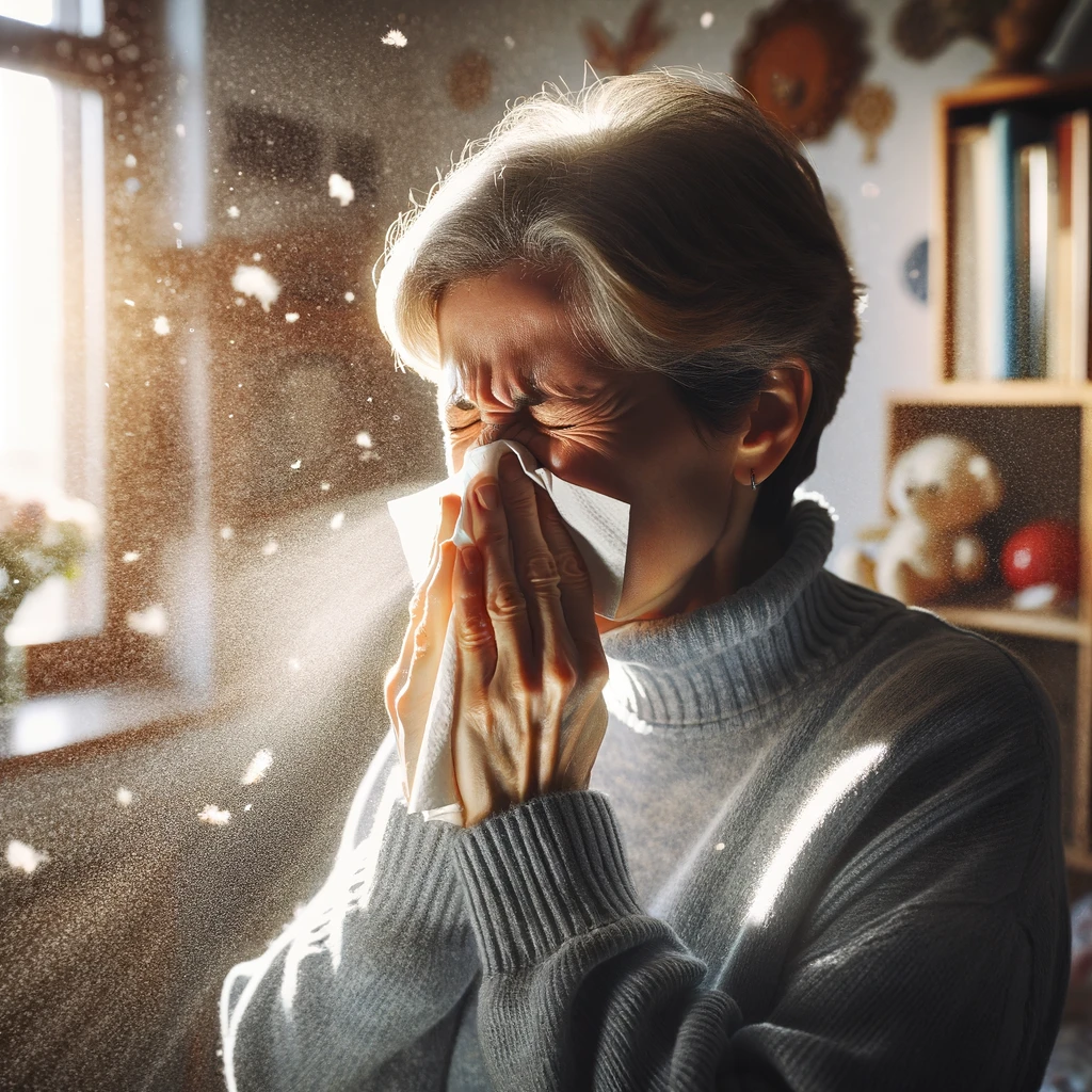Person sneezing indoors as sunlight reveals dust particles in the air.