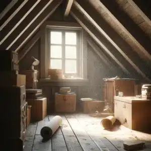 Dusty attic interior with visible beams and sunlit window.