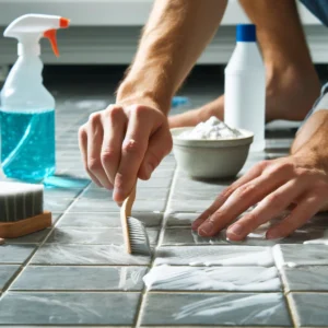 Close-up of hands cleaning bathroom tiles and grout with toothbrush. Bathroom in Mississauga
