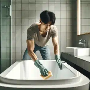 Young Asian man cleaning large white bathtub in modern grey-tiled bathroom. Bathroom Mold-Free