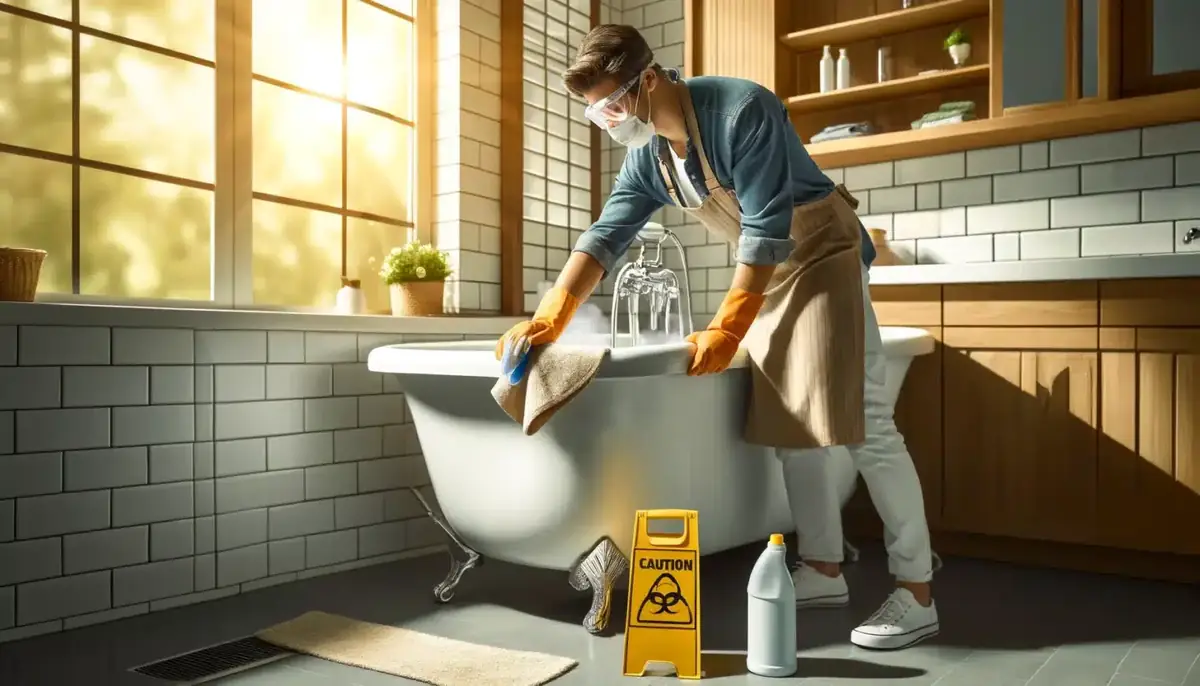 Person in protective gear cleaning bathtub in a ventilated bathroom.