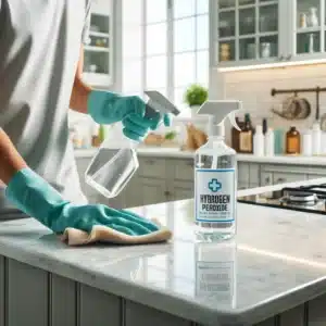 Person in gloves sanitizes kitchen with hydrogen peroxide spray. deep clean your kitchen