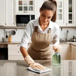 Professional house cleaner in uniform sanitizes kitchen counter with spray and cloth. Kitchen in richmond hill