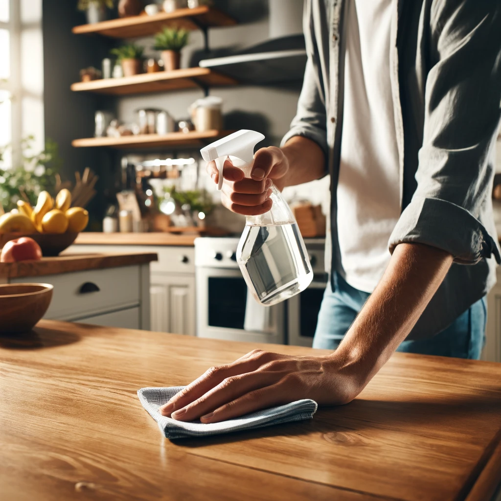 Person cleaning kitchen table with vinegar spray in casual attire.