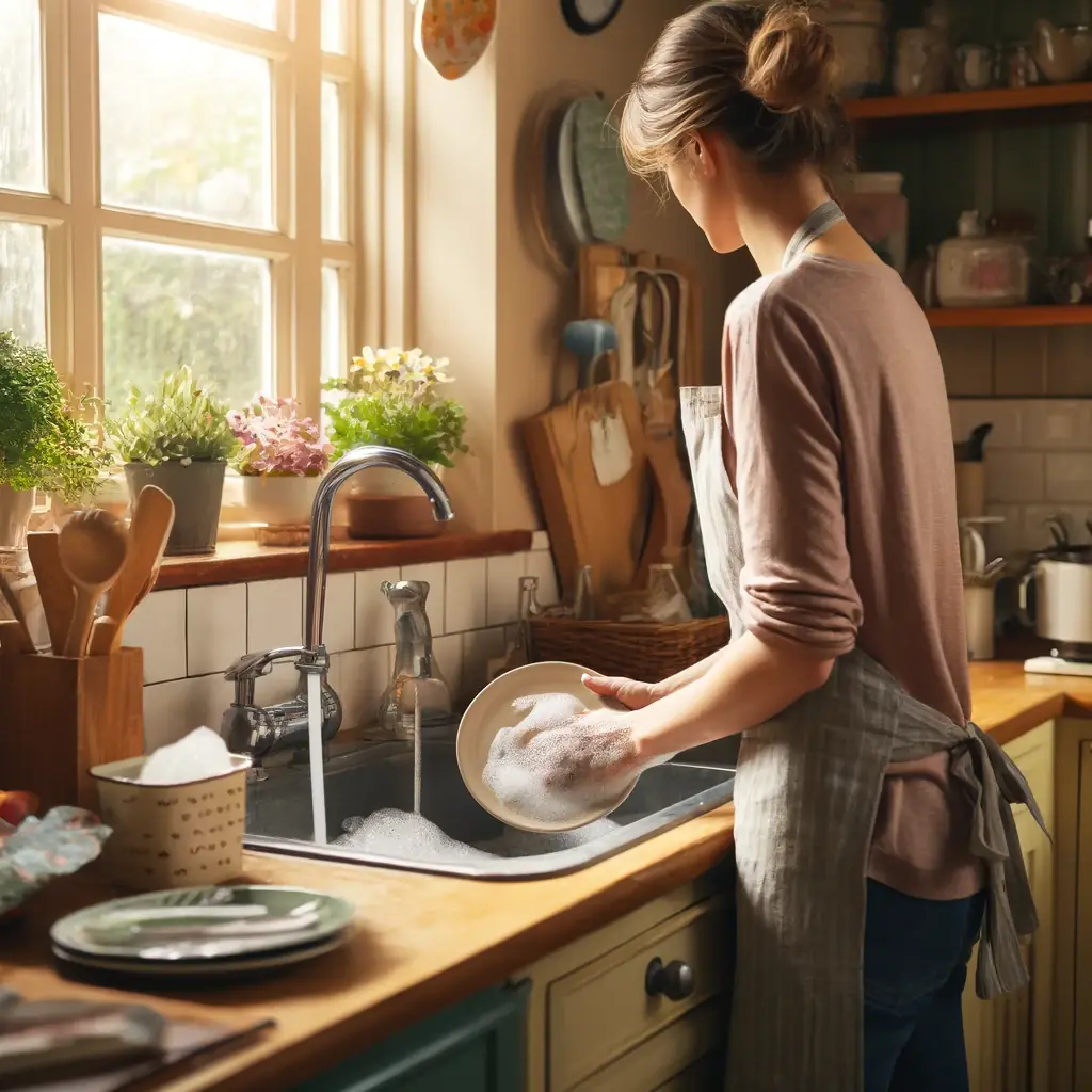 Person in apron washing dishes in a cozy, well-lit kitchen. Kitchen Smells