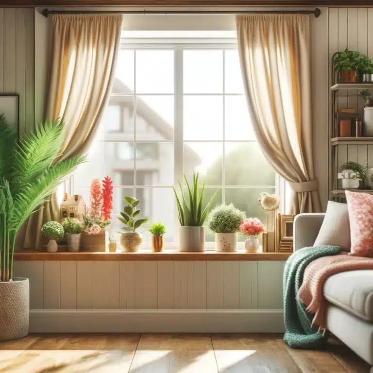 Spotless living room window sills adorned with colorful plants.