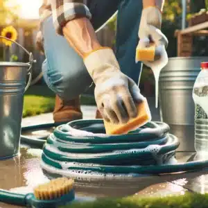 Person scrubbing garden hose with soapy sponge for maintenance.