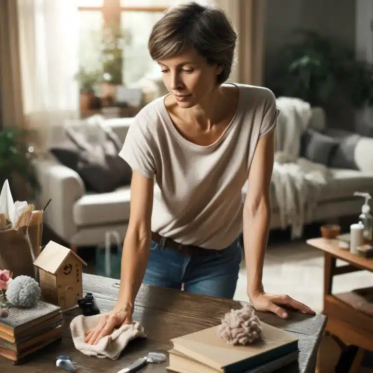 Middle-aged woman organizing living room table, casual attire.