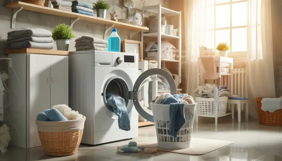 Bright laundry room with active washing machine and clean clothes transfer. Detergent Mistakes