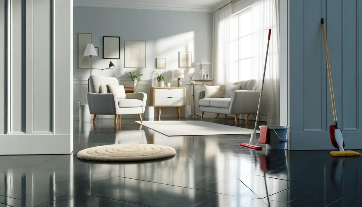 Modern clean room with shining vinyl floors, contemporary furniture, and cozy rug.