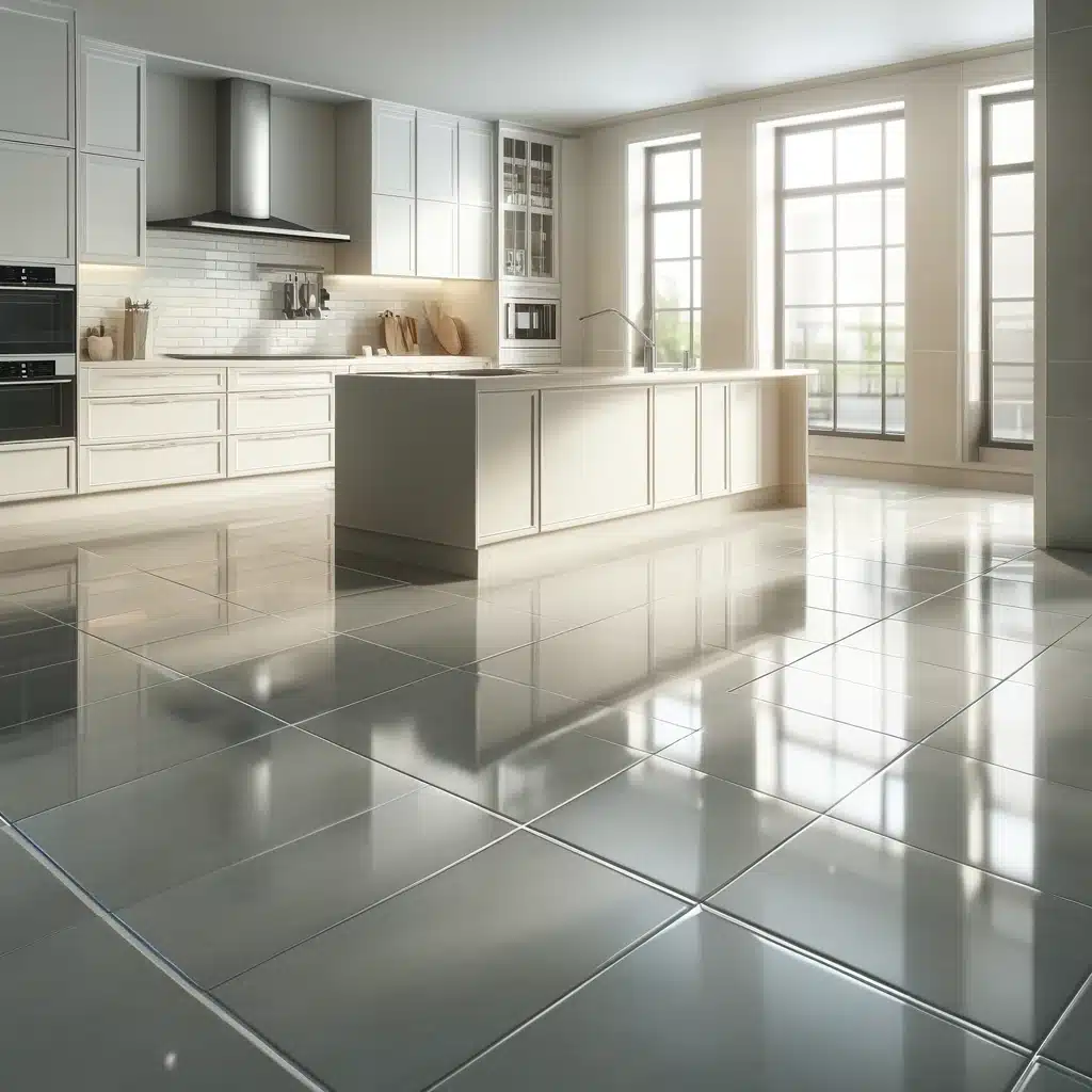 Modern kitchen with gleaming light ceramic tiles and natural illumination.