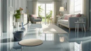 Modern furnished room with shiny vinyl flooring and cozy rug.