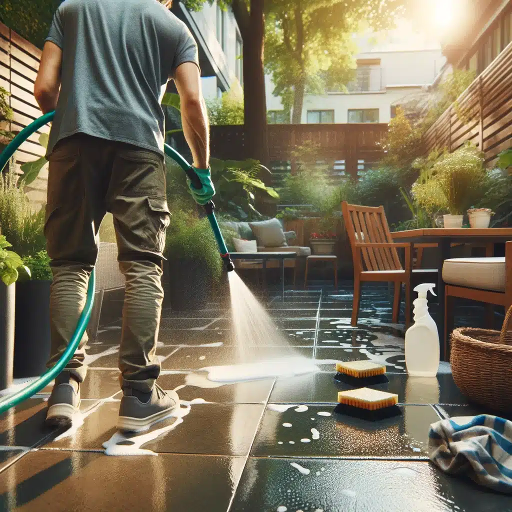 Person using hose to clean stone patio with greenery and furniture.