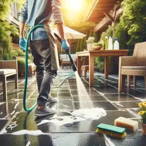 Person power-washing patio amid lush garden and furniture. cleaning with hose