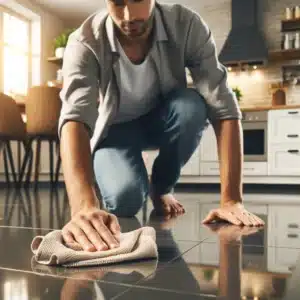 Person cleaning ceramic floor with microfiber cloth, kneeling on shiny surface.