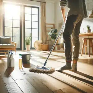 Person mopping wooden floor in a clean, well-lit room. Janitorial Services