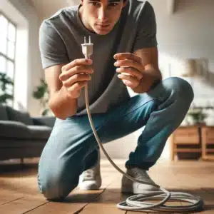 Person inspects power cord in a bright, minimalist living room with wood floors.