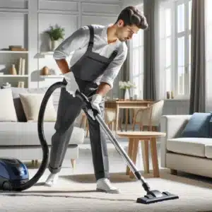 Professional cleaner vacuuming carpet in bright, modern living room. stains on carpets 