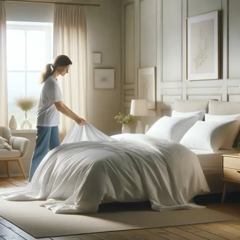 Middle-aged person changing linens in a serene, tidy bedroom with a large white bed.