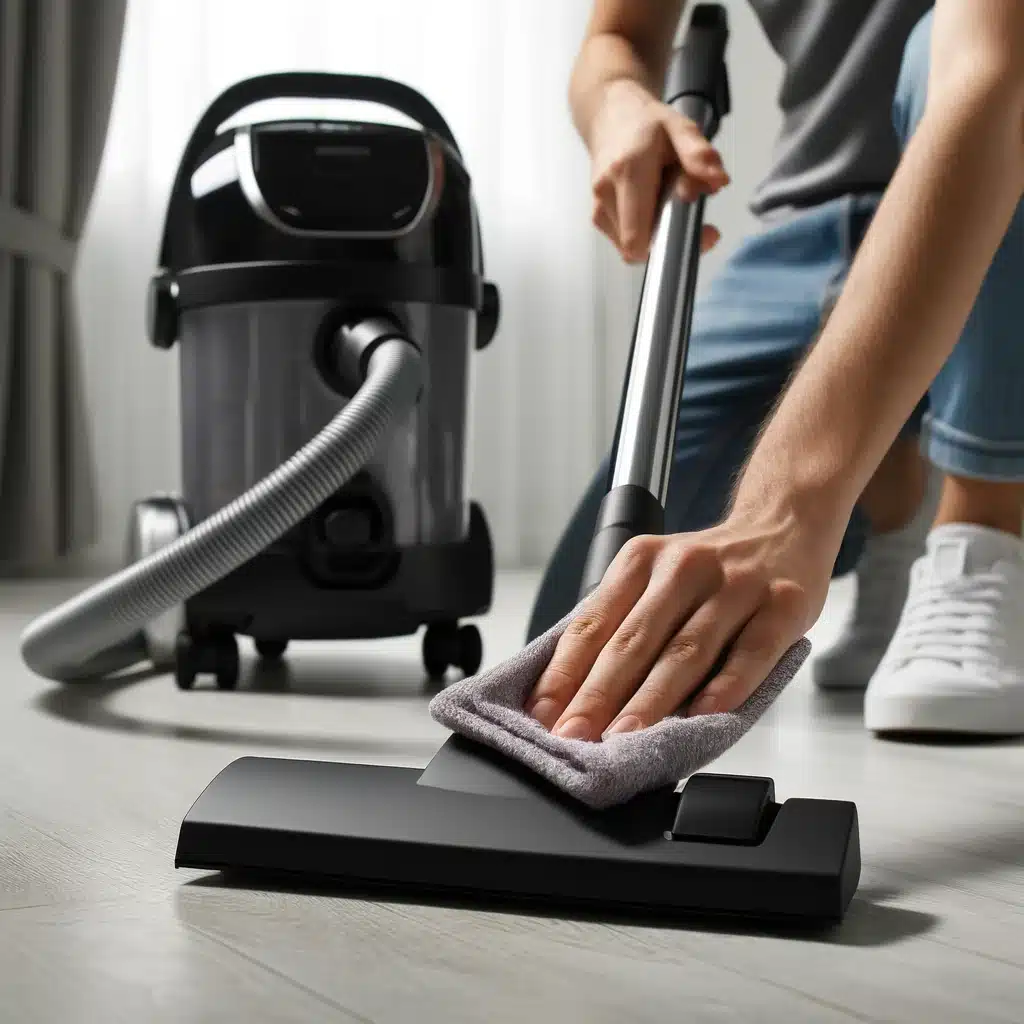 Person wiping vacuum cleaner parts with cloth.