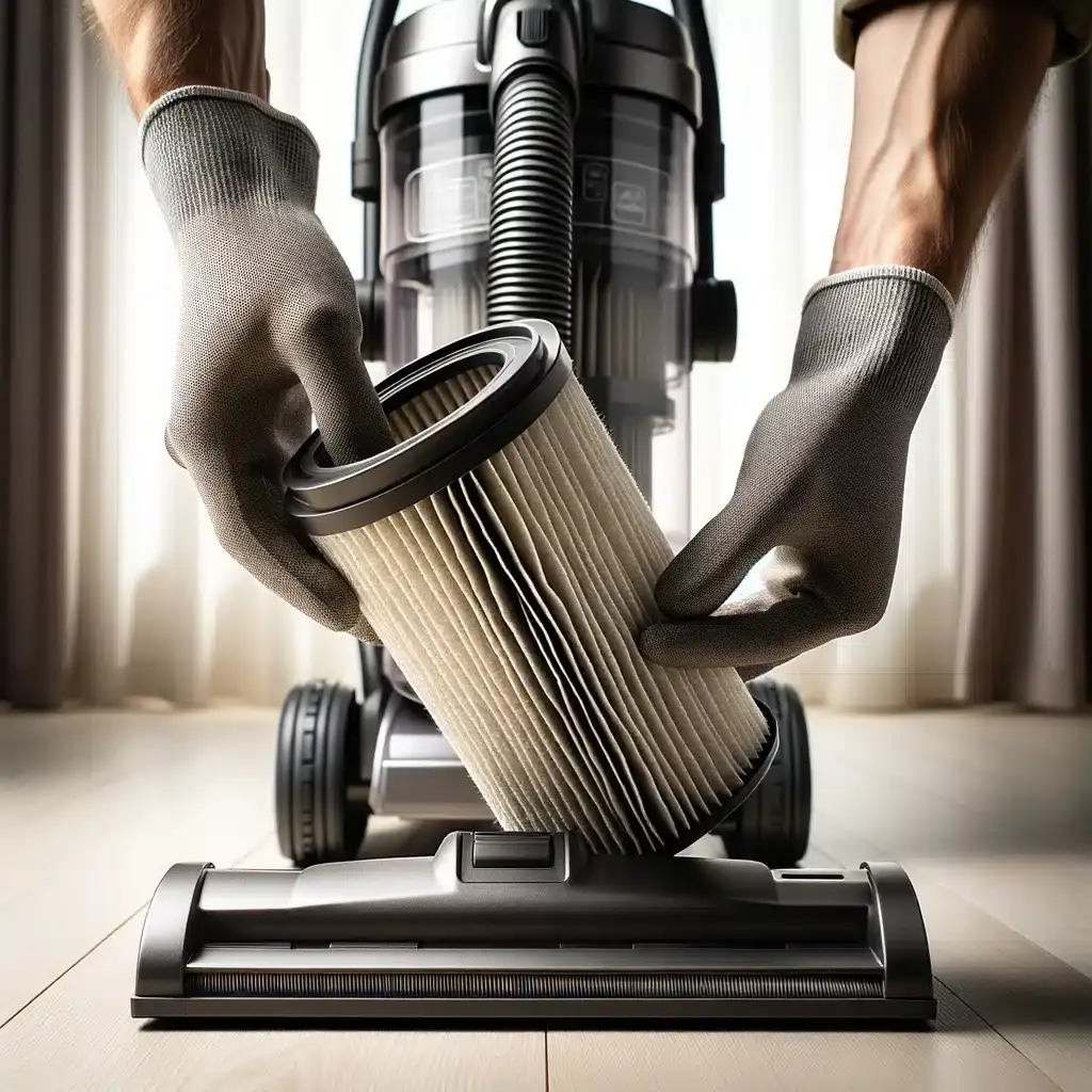 Person removing filter from vacuum cleaner during maintenance.