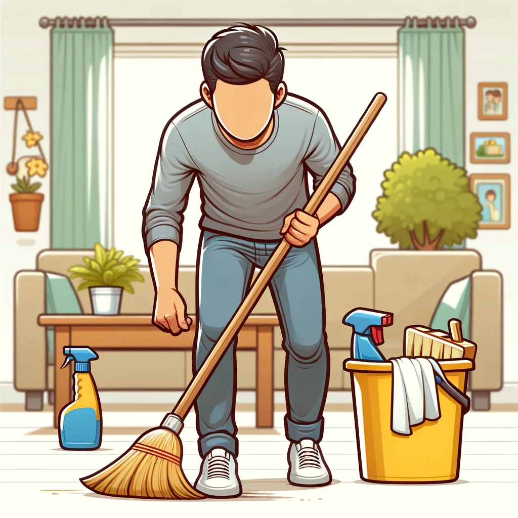 Cartoon man sweeping floor with focus on hands and broom.