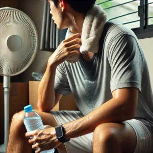 Exhausted person resting with water bottle after cleaning session. heatstroke