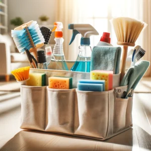 Organized cleaning caddy with supplies including sprays, brushes, and sponges. Tools for Cleaners