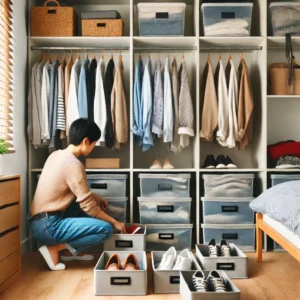 Person organizing closet with sorted clothes and neatly arranged shoes.
