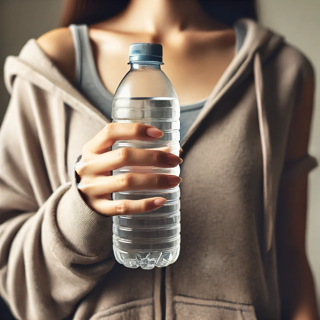 Close-up of a hand holding a water bottle, dressed in casual attire.