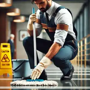 Professional janitor in uniform mops the floor indoors, viewed from the side. Janitorial Cleaning