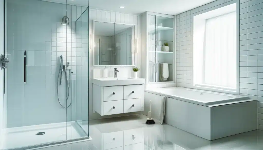 Spotless modern bathroom with white tiles and clear mirror in Mississauga.