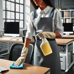 Professional maid in uniform diligently cleans office space with supplies.