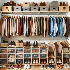 Neatly organized, color-coordinated closet with clothes and shoes.