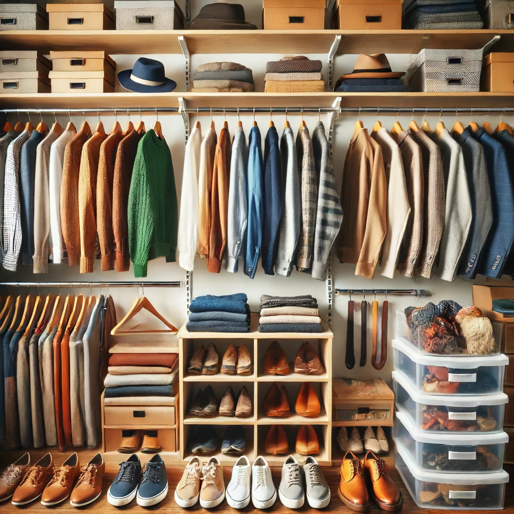 Color-coordinated closet with tidy clothes and organized shoe shelves.