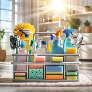 Organized cleaning caddy with supplies, sprays, and brushes.