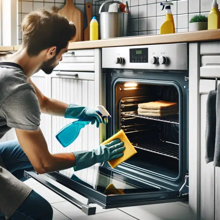Person scrubbing modern oven interior with gloves and cleaning spray.