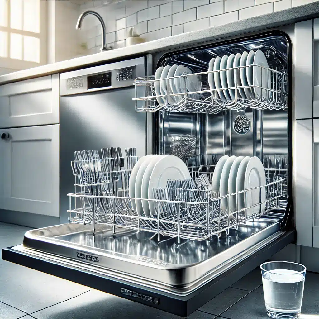 Immaculate open dishwasher with shining stainless steel and clean racks.