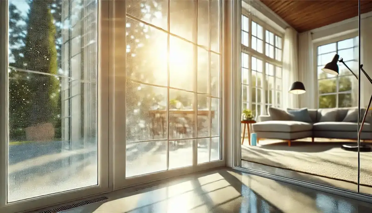 Sparkling clean windows with bright sunlight streaming through in a serene room. Clean in March