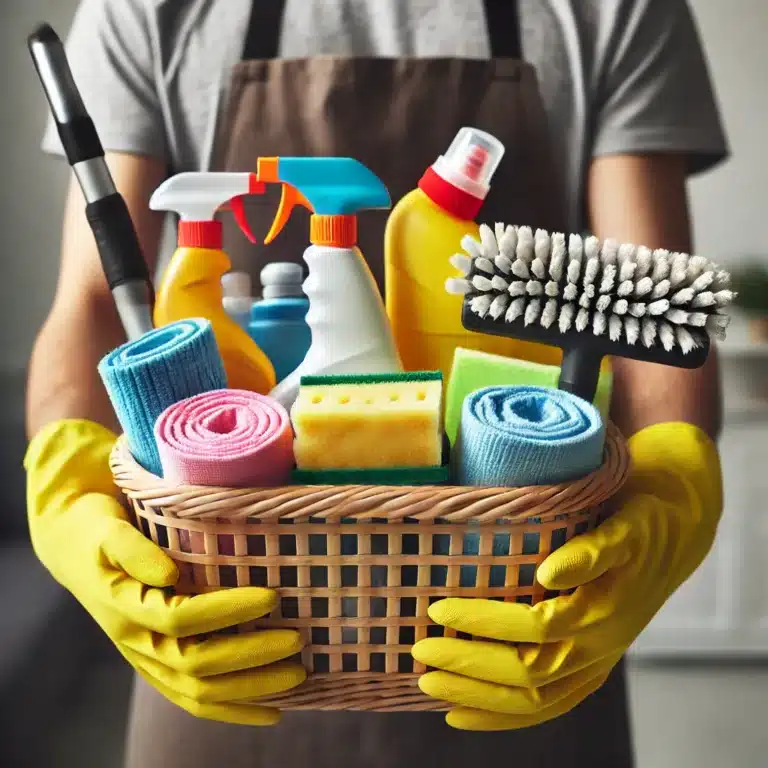 Person holding basket with cleaning supplies and vacuum attachment.