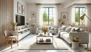 Modern living room with cozy sofa, plush pillows, and stylish coffee table.