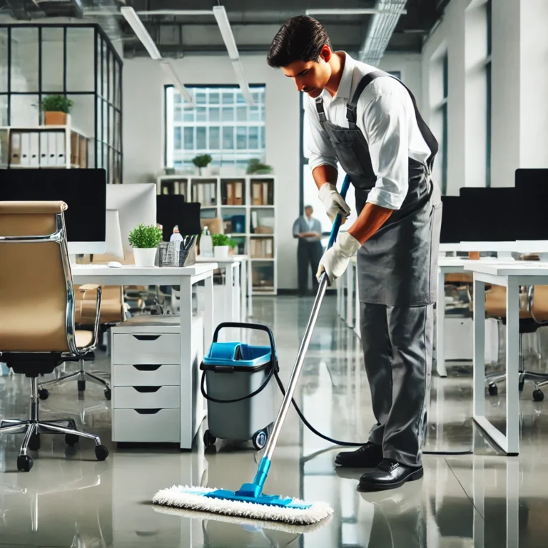 Janitor cleaning office floor with mop.
